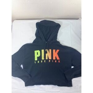 PINK Victoria's Secret Black Cropped Hoodie Sweatshirt Graphic‎ Print Size M